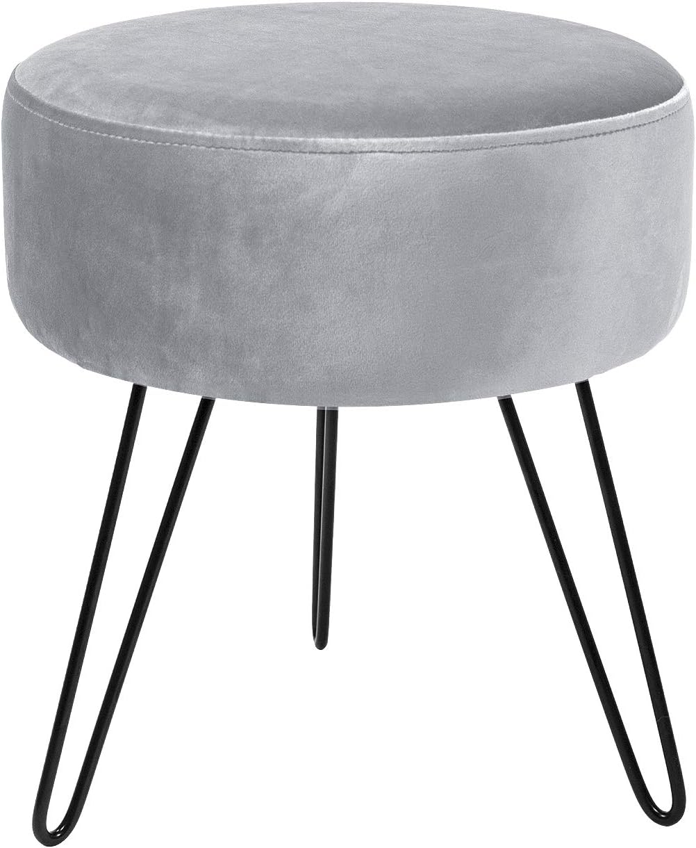 Sorbus Velvet Footrest Stool, Round Mid-Century Modern Luxe Velvet Ottoman, Footstool Side Table, Removable Metal Leg Design (Gray) Pack of 2