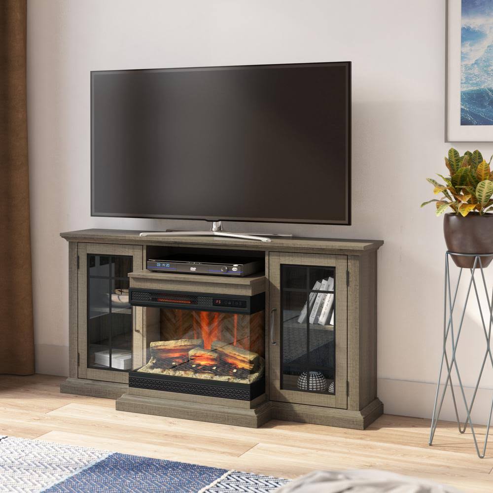 Twin Star Home 60 in. Media Mantel Fireplace in Omni-Sawblade Marks Brown with Panorama Fireplace