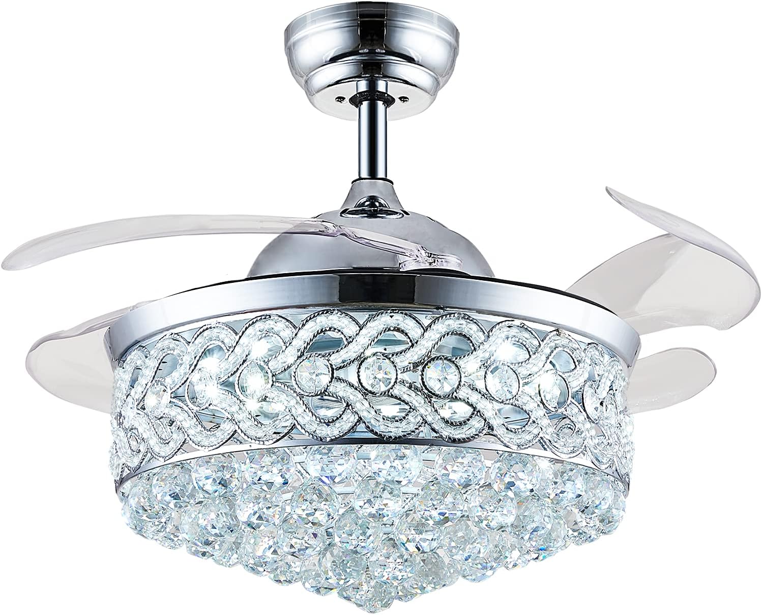 42 Inch Modern Chandelier Crystal Ceiling Fan with Light Remote Dimmable Fandelier Ceiling Fan Light Color Change 6 Speed Retractable Blade Ceiling Fan Light for Bedroom Indoor Living Room Chrome