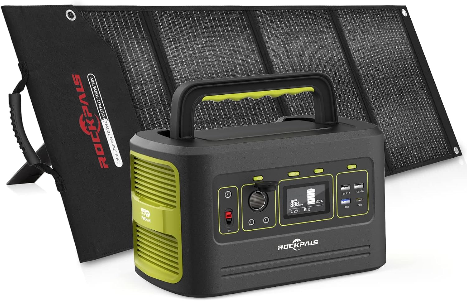ROCKPALS Portable Power Station Freeman 600, 3 x AC Outlets, 614.4Wh Solar Generator and RP082 100W Foldable Solar Panel with Kickstand, Parallel Solar Panel Kit for Outdoor Camping, RV, Adventure