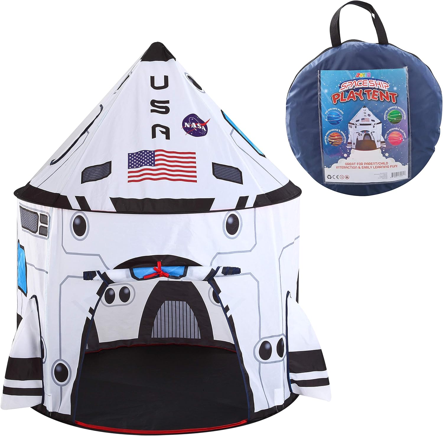 JOYIN White Rocket Ship Play Tent Pop up Play Tent with Tunnel and Playhouse Kids Indoor Outdoor Spaceship Tent Set