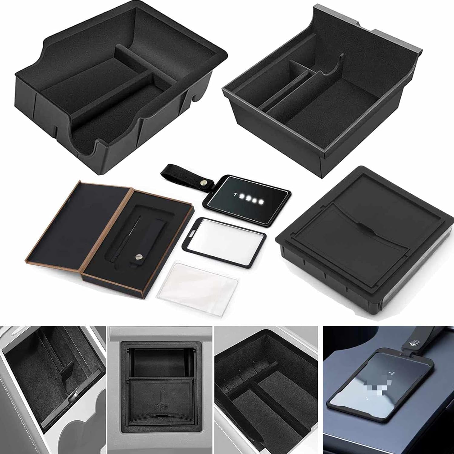 CLUOCKY 4PCS Flocked Center Console Organizer for Latest 2021 2022 Tesla Model 3 Model Y Armrest Hidden Storage Box for 2021 2022 Tesla Model 3/Y Accessories with Key Card Holder