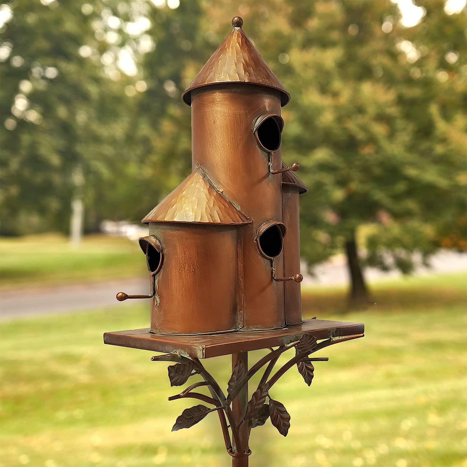 Zaer Ltd. Large Copper Colored Multi-Birdhouse Stakes, Room for 4 Bird Families in Each (Tall Triple Cylinder Homes (Copper Color))