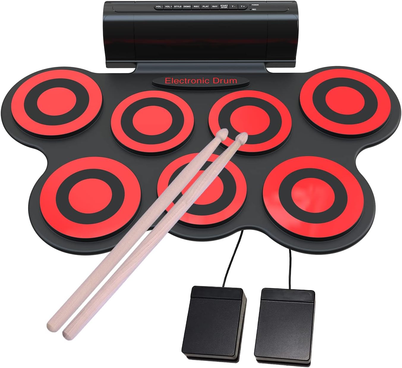 7 Pads Electronic Drum Set, Roll Up Drum Practice Pad Midi Drum Kit with Headphone Jack Built-in Speaker Drum Pedals Drum Sticks 10 Hours Playtime(Blue) Pack of 2