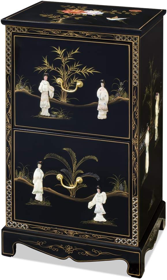 China Furniture Online Black Lacquer Oriental File Cabinet, 2 Drawers Chinoiserie w/Pearl Maidens