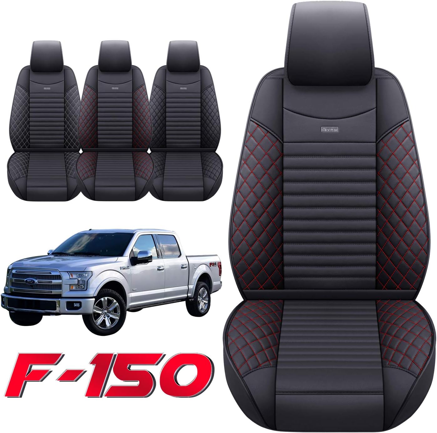 Ford F150 Front Seat Covers for 2009-2022 Truck Pickup Super Crew Cab Regular Cab Extended Cab Waterproof Leather Seat Protectors Custom Fit for 2017-2022 F250 F350 F450(2 PCS Front, Black-Red)