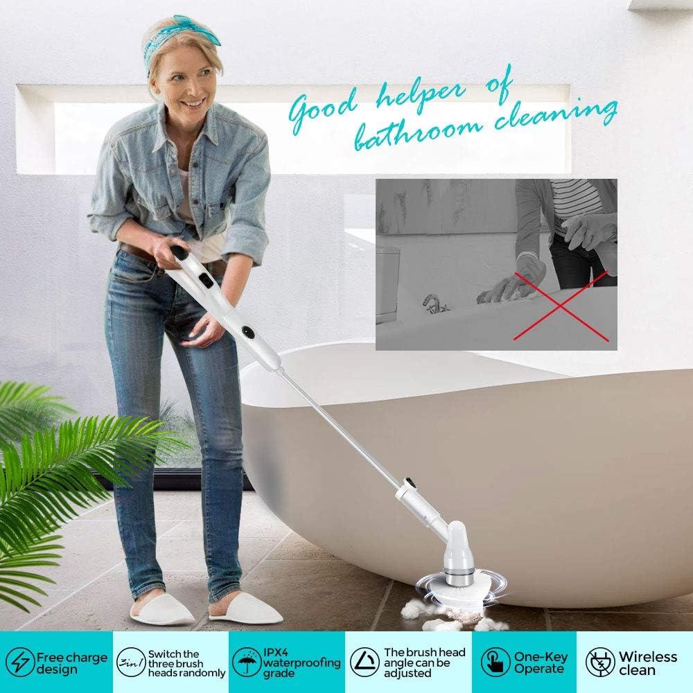 Electric Spin Scrubber Long Handle 360 Cordless Scrubbers with 6 Replaceable Brush Heads Power Cleaning Brush for Bathroom Tub Tile Cleaning Masthome.