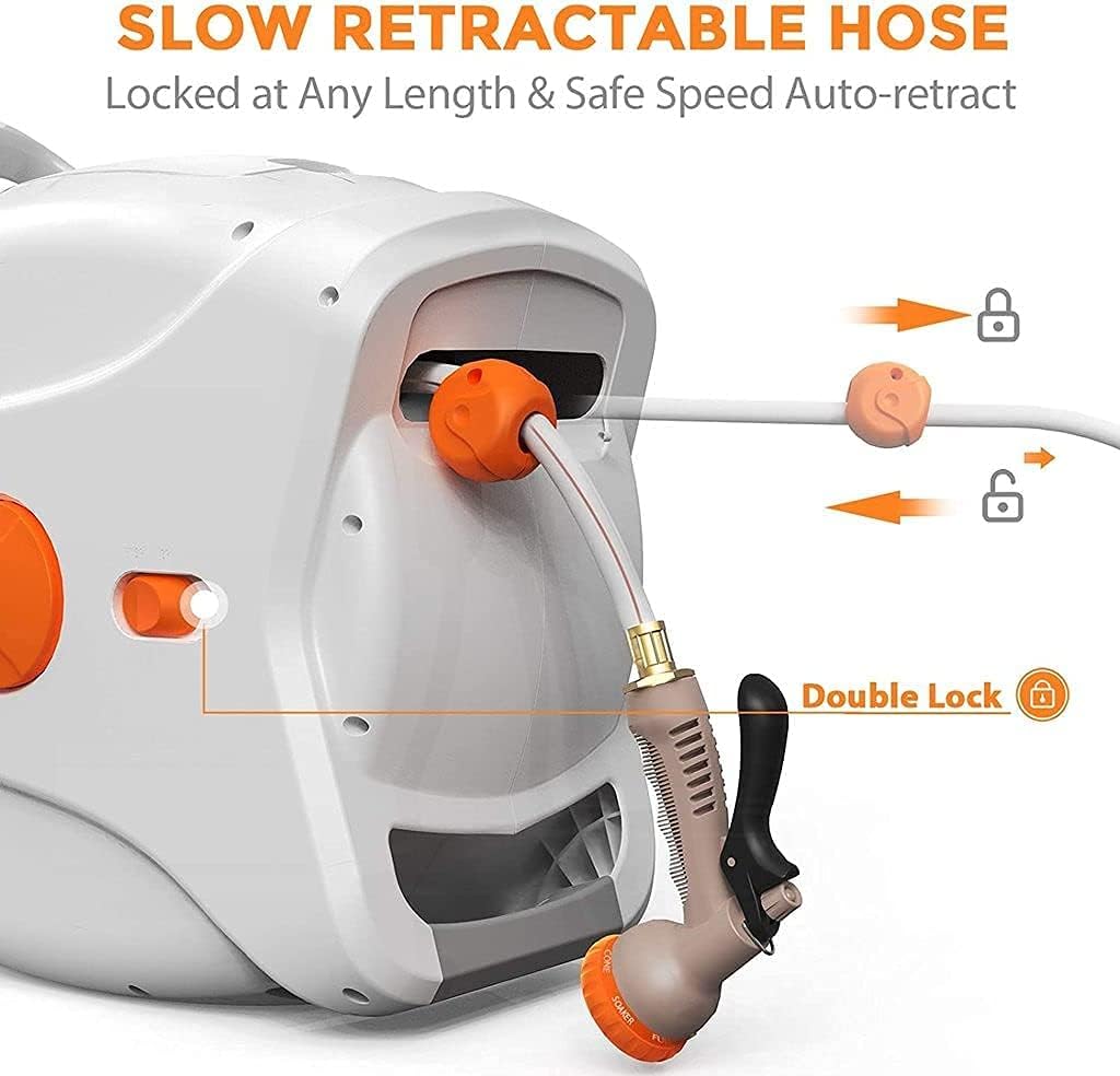 Garden Retractable Hose Reel, Any Length Lock, 100+6.7 FT 1/2inch,Automatic Rewind Wall Mounted Reel with 8 Patterns Hose Nozzles, Brass Connector, 180Degree Garden Watering & Car Washing Generi005