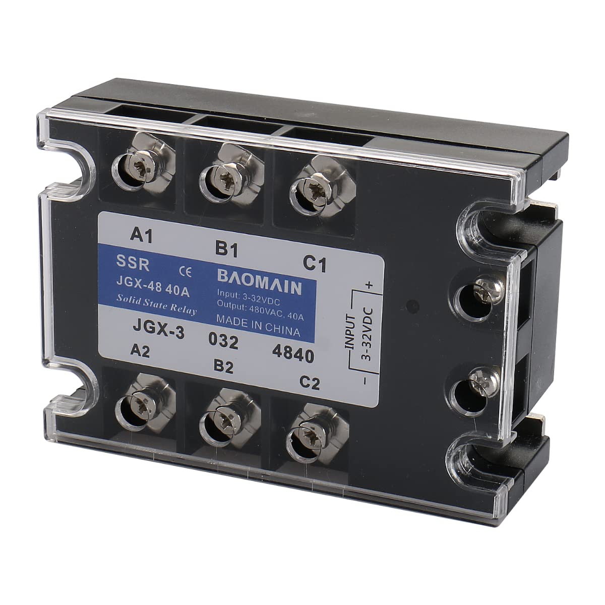 Baomain 3 Phase Solid State Relay JGX-3340A 4-32 VDC Input 480VAC 40 Amp Output DC/AC