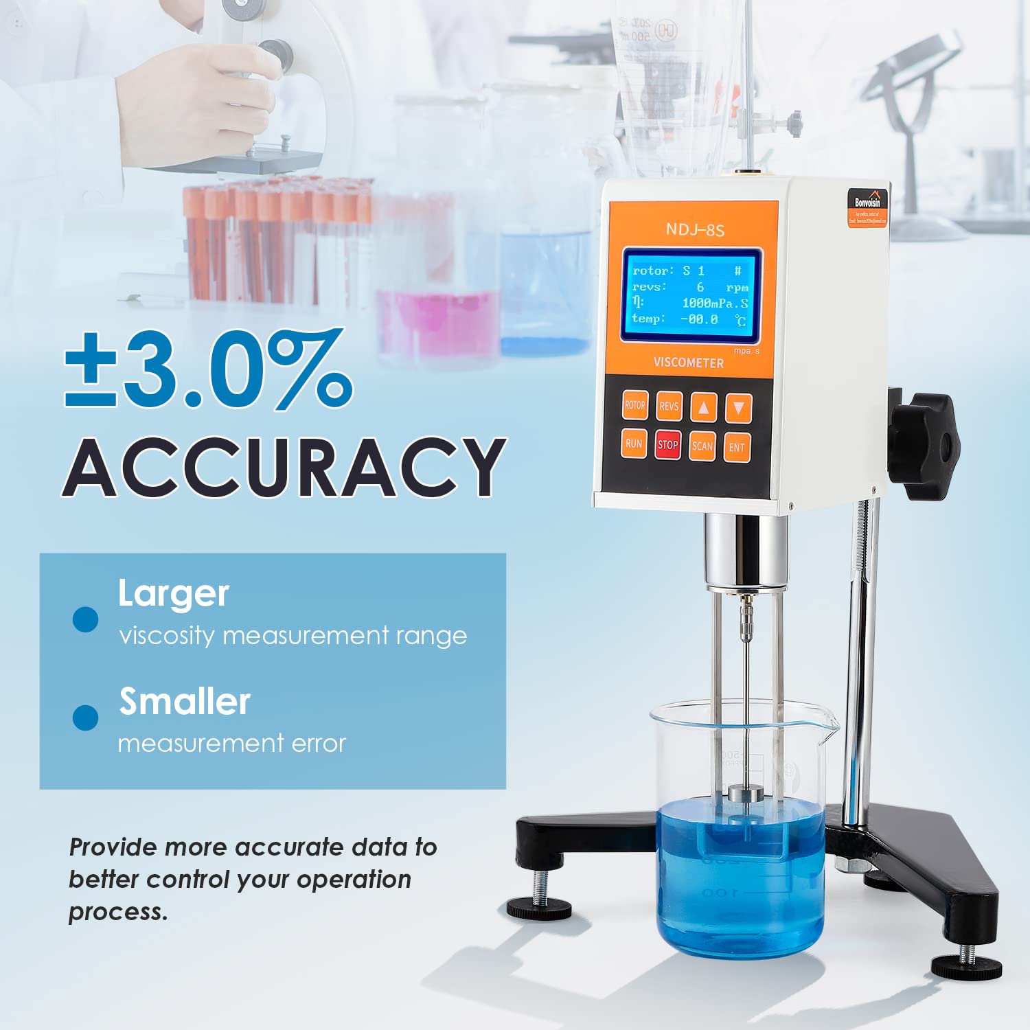 Bonvoisin Digital Rotary Viscometer 10-2,000,000mPa.S Digital Lab Rotational Viscosity Meter +-3% Accuracy Fluidimeter Tester Meter with 4 Rotors and Temperature Probe(NDJ-8S)