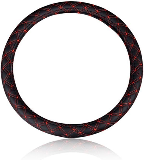 Rayauto 15inch Odorless Quilted Stitching Pattern Leather Car Steering Wheel Cover-Black with red