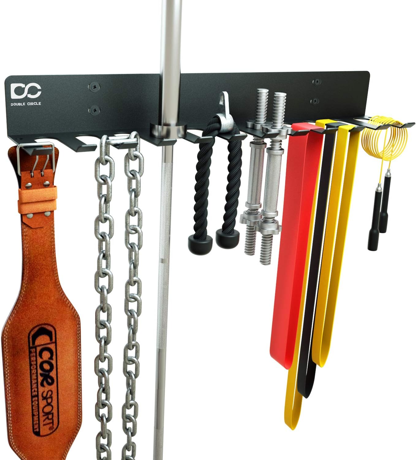 Double Circle Gym Rack Organizer with 12 Hooks, Multi-Purpose Workout Gear Wall Rack Hanger for Home and Pro Gym Storage for Exercise Bands, Barbell Bars, Chains, Lifting Belts (Hardware Included)