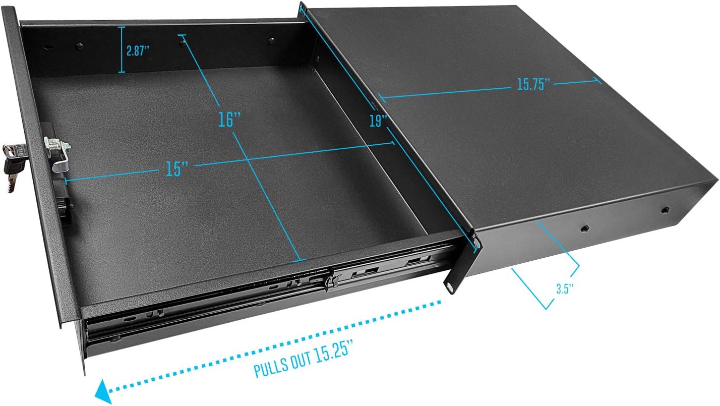 AxcessAbles RKDRAWER2U 2U Universal Rack Mount Storage Drawer Compatible with All 19-Inch Rack-mount Systems and Server Cabinets. With Lock and Keys. Extra deep 15 inch drawer. Pack of 2