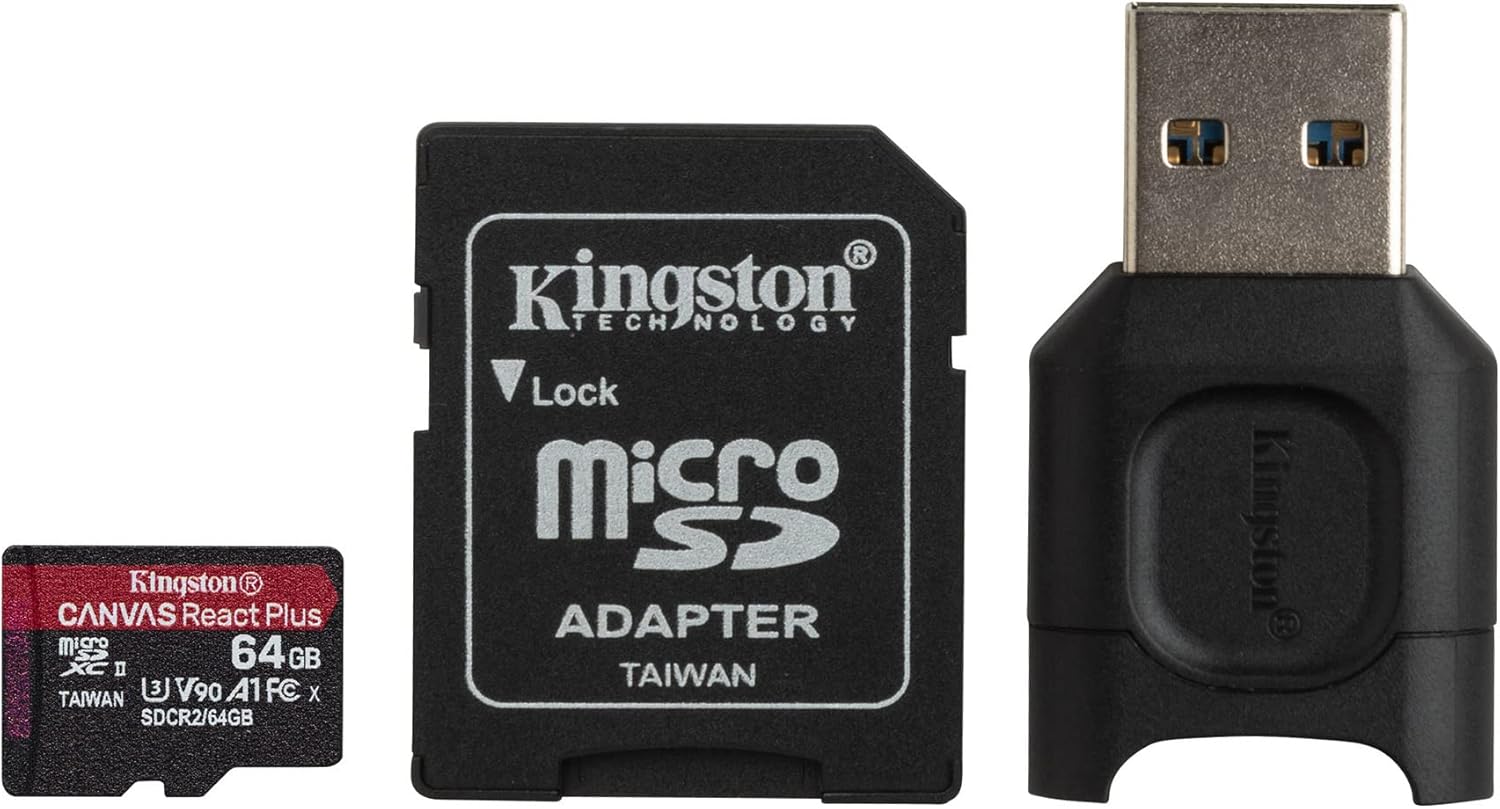 Kingston 64GB Canvas React Plus V90 UHS-II microSDXC Card with Adapter and Reader (2-Pack) and Memory Case Bundle