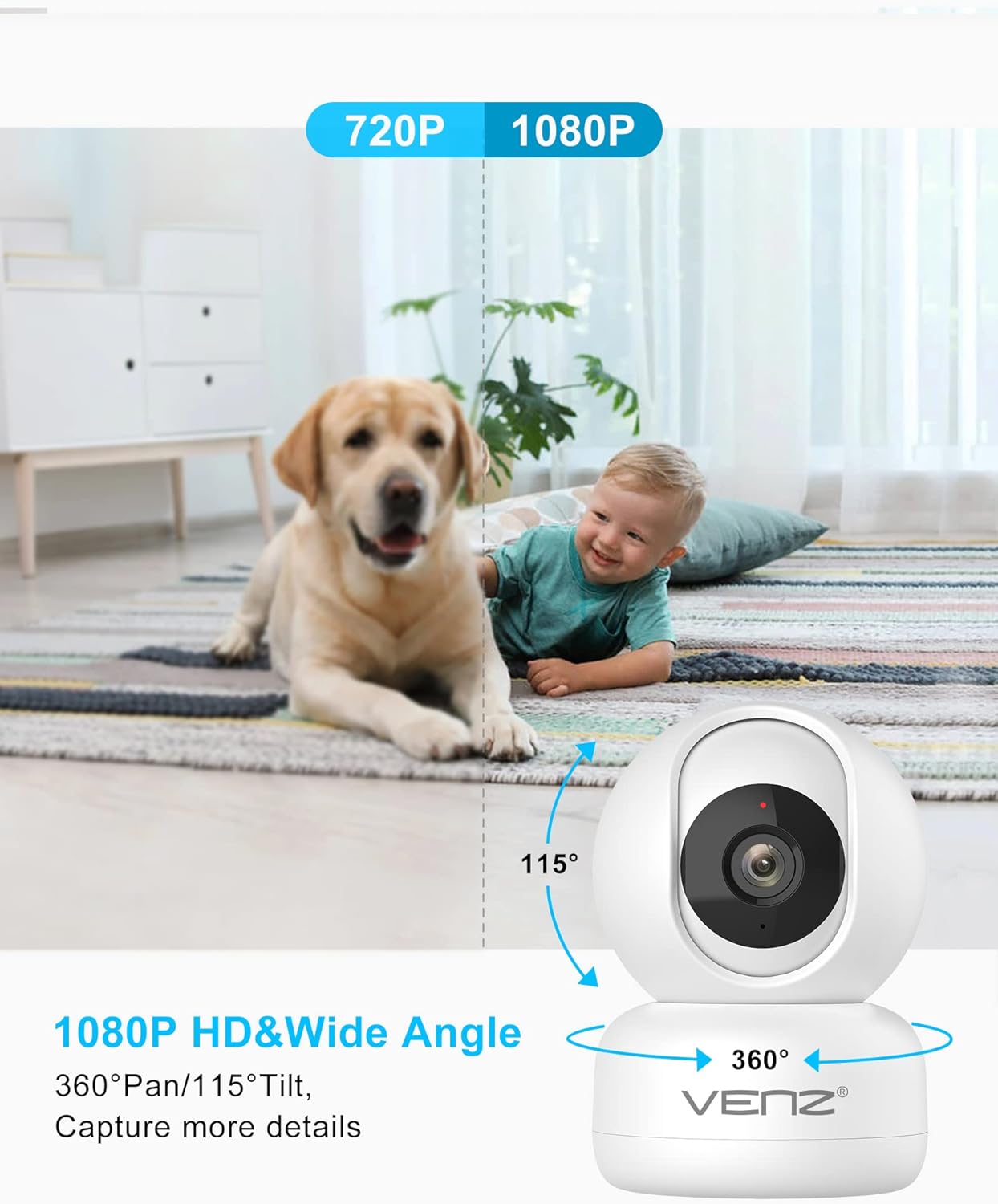 VENZ PTZ Wireless Security Indoor Camera,with 1080P HD,Motion-Tracking,Night Vision, for Kids/Pet/Nanny，Compatible with Alexa, White Pack of 2