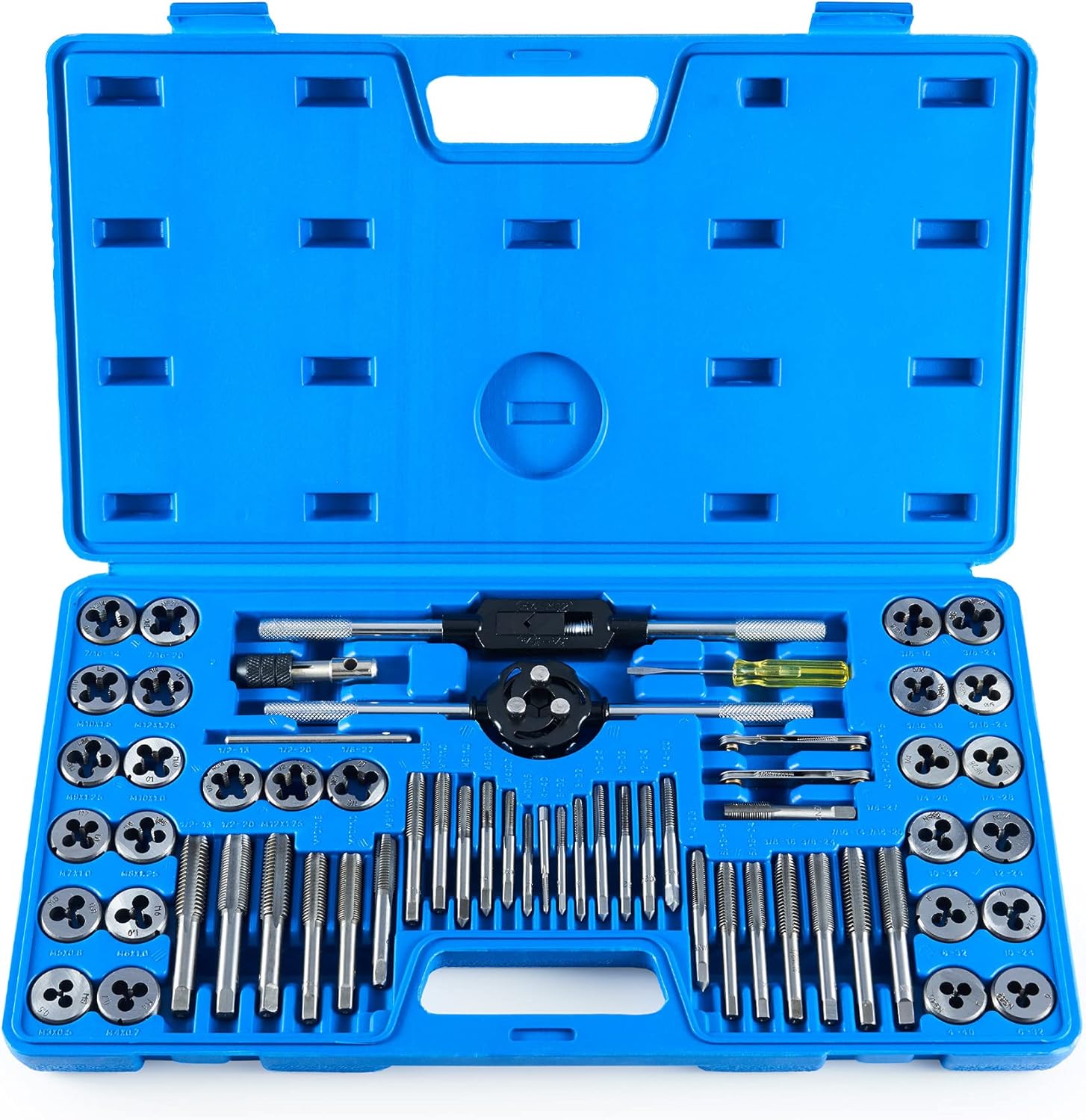 60 PCS Tap and Die Set Metric and Standard Sizes Included Tap Die Kit Metric and SAE for Threading and Rethreading Internal and External Threads Pack of 2