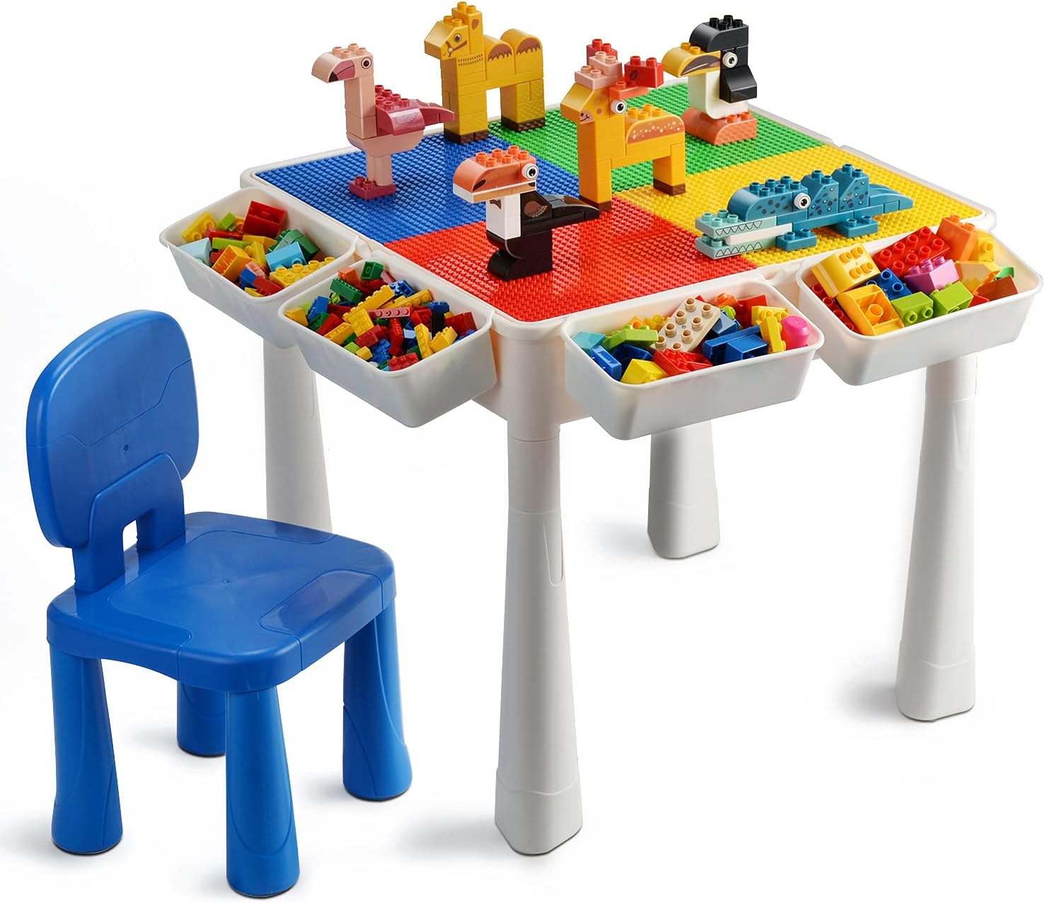 Kids Building Block Activity Table and Chair Set with Storage (1 Chairs 100pcs Large Brick Included) Indoor Activity,Dining Table,Game,Homework,Outdoor Water Play & Play Sand Fun