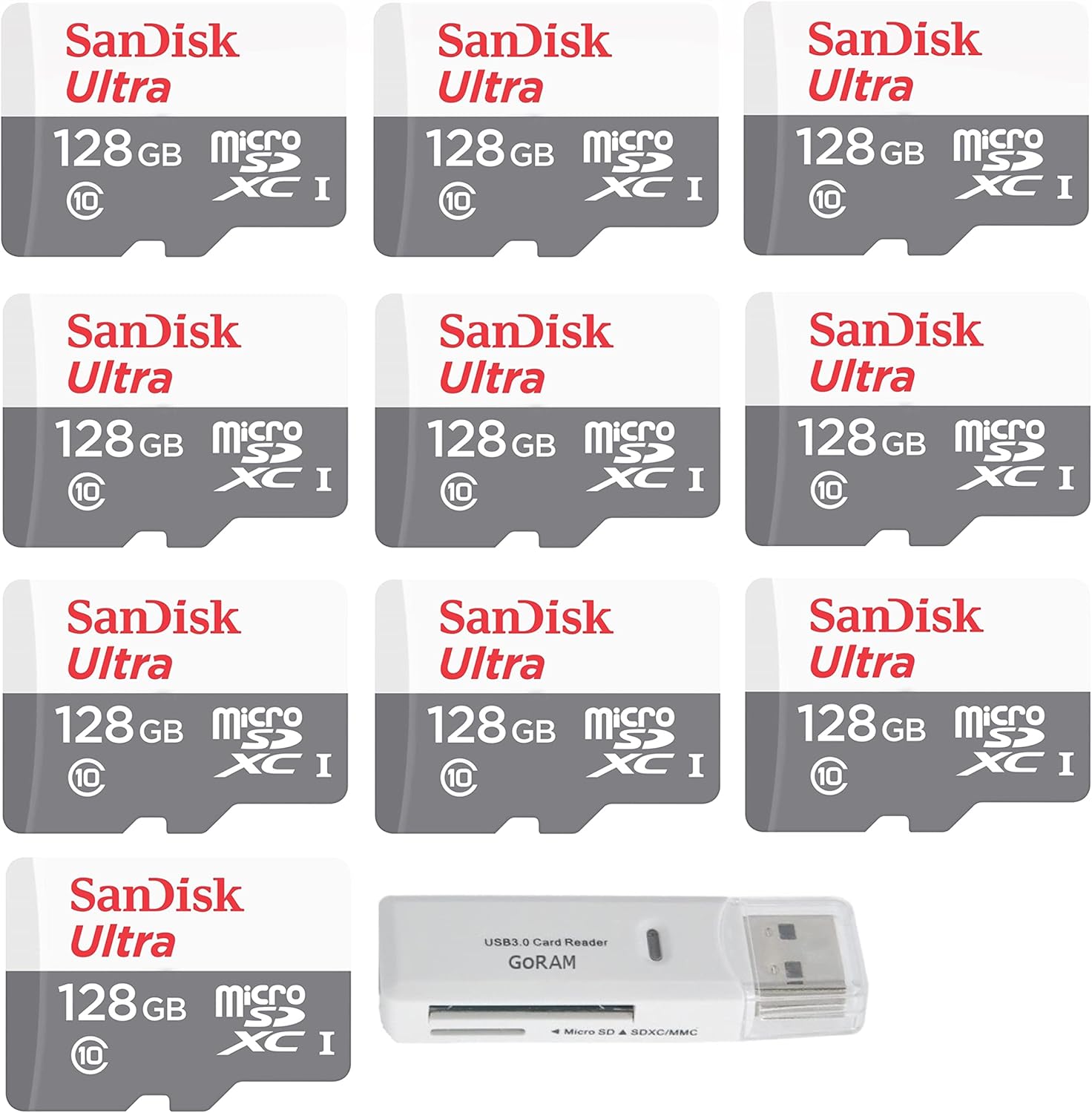 SanDisk 128GB Ultra (10 Pack) MicroSD Class 10 100MB/s Micro SDXC Memory Card for Smartphone SDSQUNR-128G Bundle with (1) GoRAM Reader (128GB, 10 Pack)