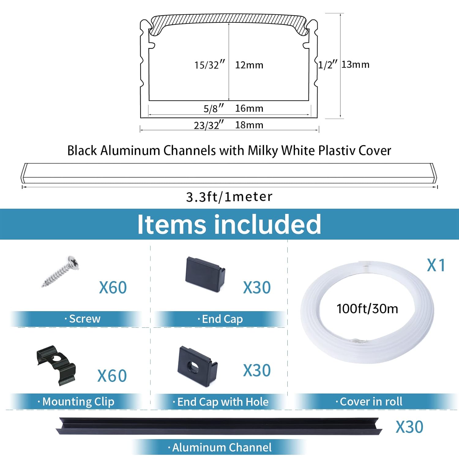 Muzata 100FT/30M Black LED Channel with Spotless Milky White Anti-UV Continuous Diffuser Lens Aluminum LED Channel For Waterproof LED Strip Light 18x13mm Wide Prevent Light Leakage U103 BW LN1 LP1 LU2