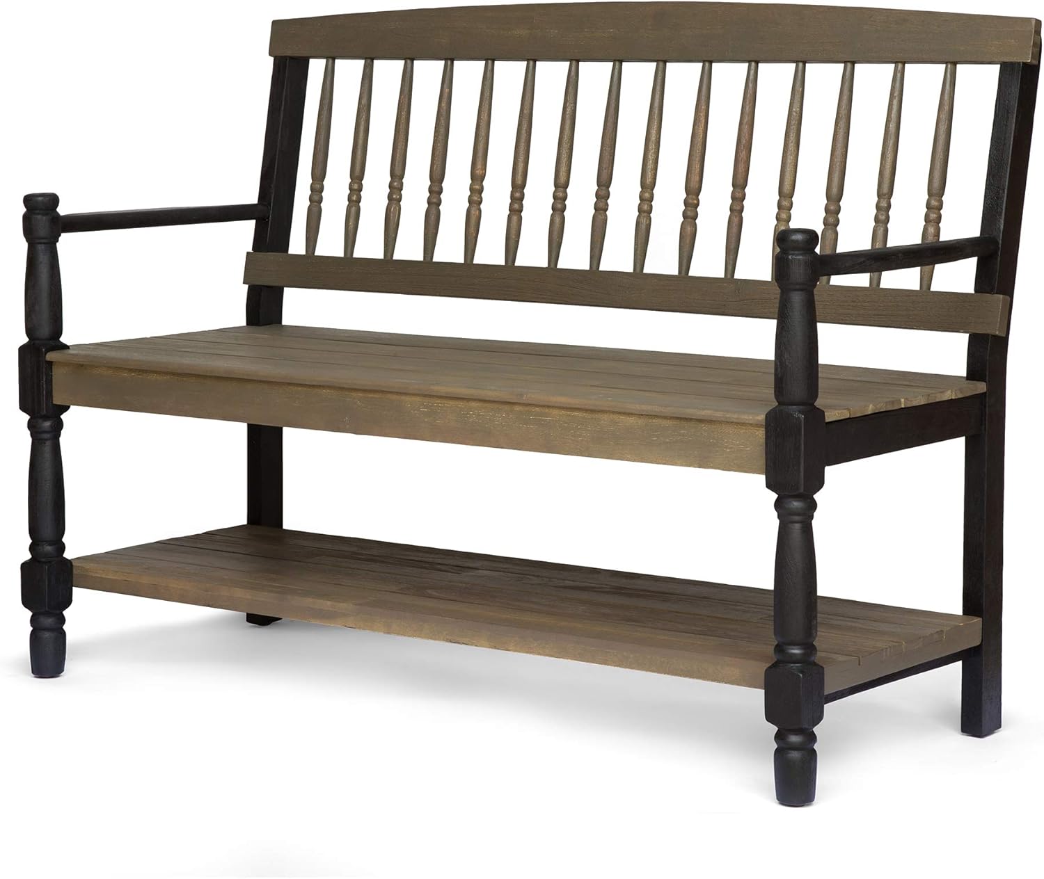 Christopher Knight Home Eddie Indoor Farmhouse Acacia Wood Bench with Shelf, Gray and Black Finish