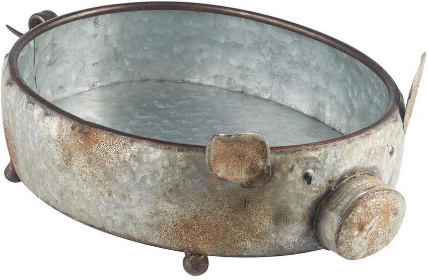 Kalalou Galvanized Metal Pig Tray with Brass Accents for Home Decor,Gray,11.25