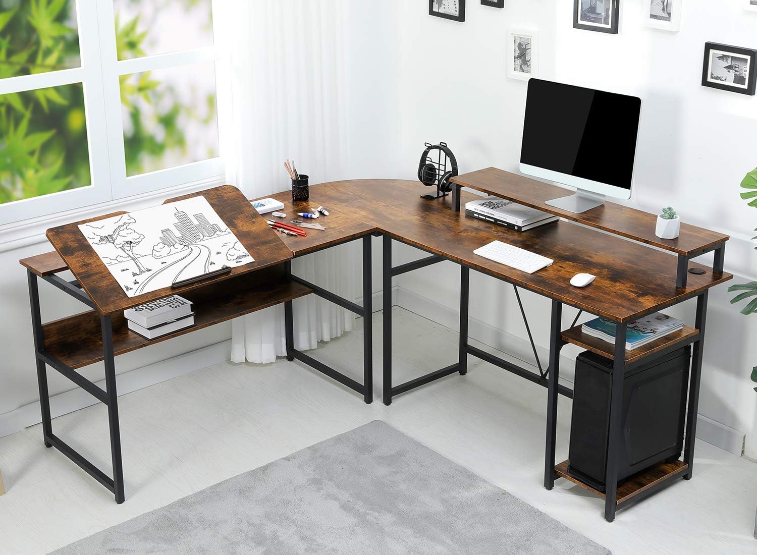 Sedeta L Shaped Computer Desk, 70.9 inches Corner Computer Desk with Monitor Stand Riser, Drafting Drawing Table with Tiltable Desktop, Workstation Study Writing Table Art Desk for Home Office, Black