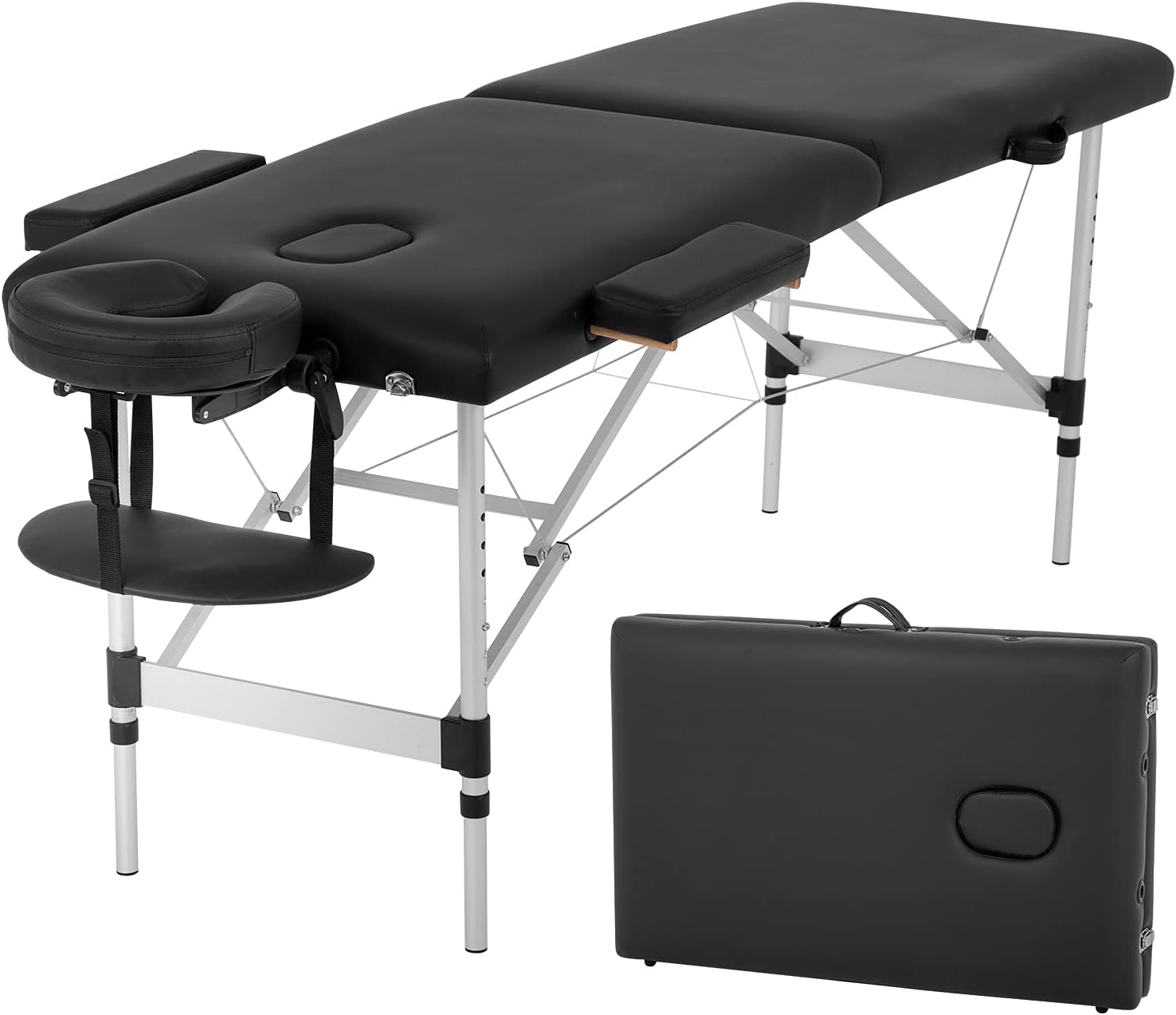 Aluminium Massage Table Portable Massage Table 73 Inch 2 Fold Portable Massage Table Height Adjustable Facial Salon Tattoo Bed W/Face Cradle Carry Case,Black