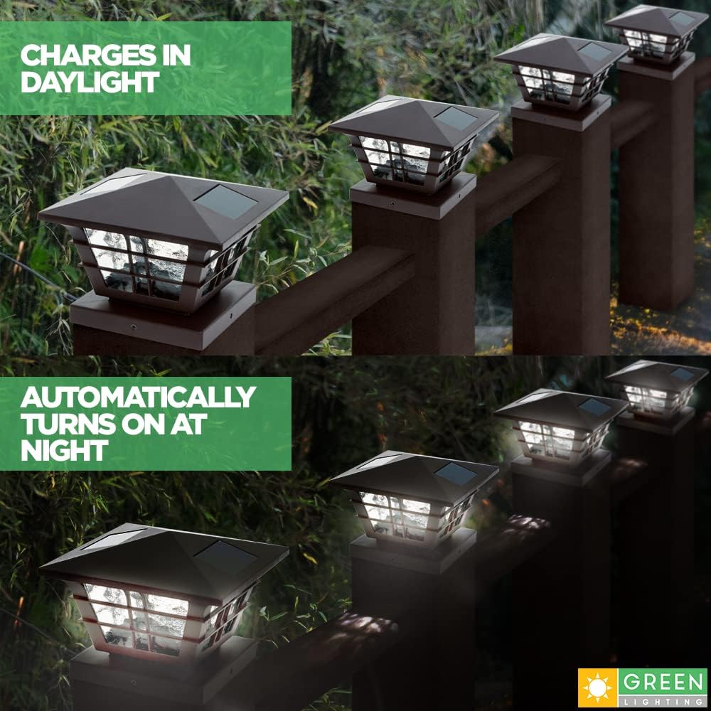 GreenLighting 12 Pack Cape Cod 5x5 Solar Powered Post Cap Light with 4x4 Base Adapter, Fits 5 inch and 4 inch PVC Posts (Brown)