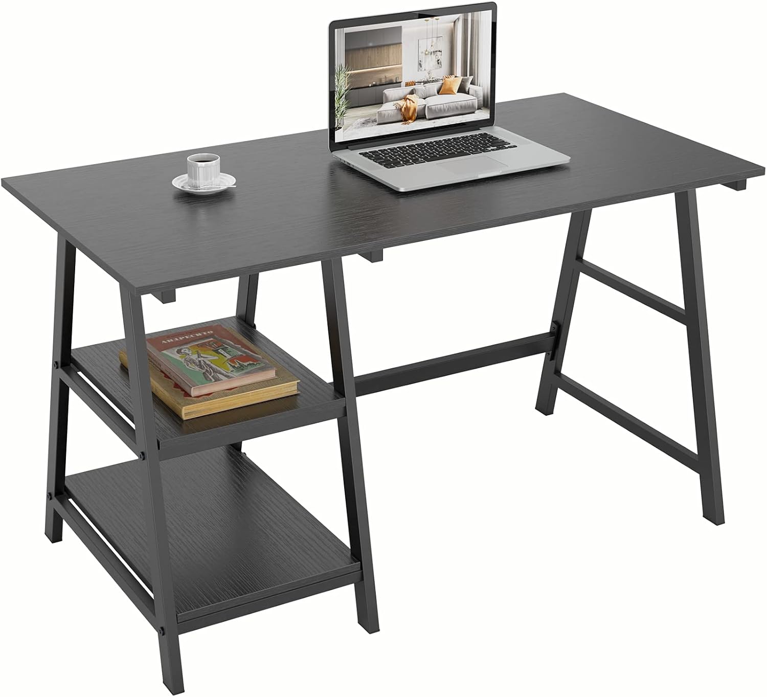 DlandHome 47 Inches Medium Computer Desk, Trestle Desk, Home Office Desk/Workstation/Writing Table with Opening Shelves, Black, TP-120BB