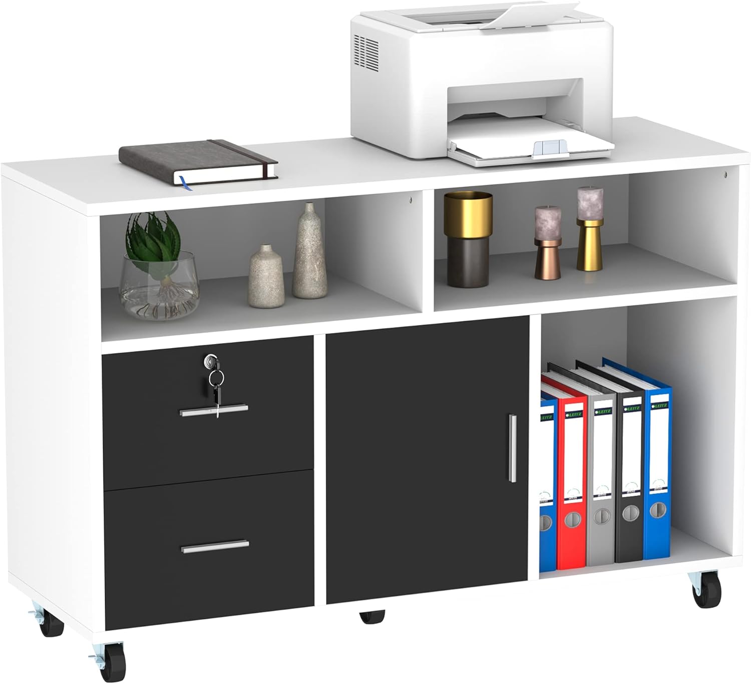 YITAHOME Wood File Cabinet, 2 Drawer Mobile Lateral Filing Cabinet, Storage Cabinet Printer Stand with Lock and Open Storage Shelves for Home Office, Black