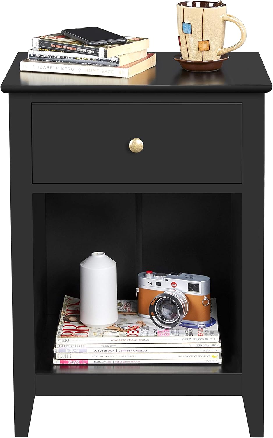 Yaheetech 2 Tier Wood Sofa/Chair Side Table for Office, End Table Storage Cabinet with Tall 1 Drawer and Bottom Shelf, 18''L x 14''W x 24''H, Black