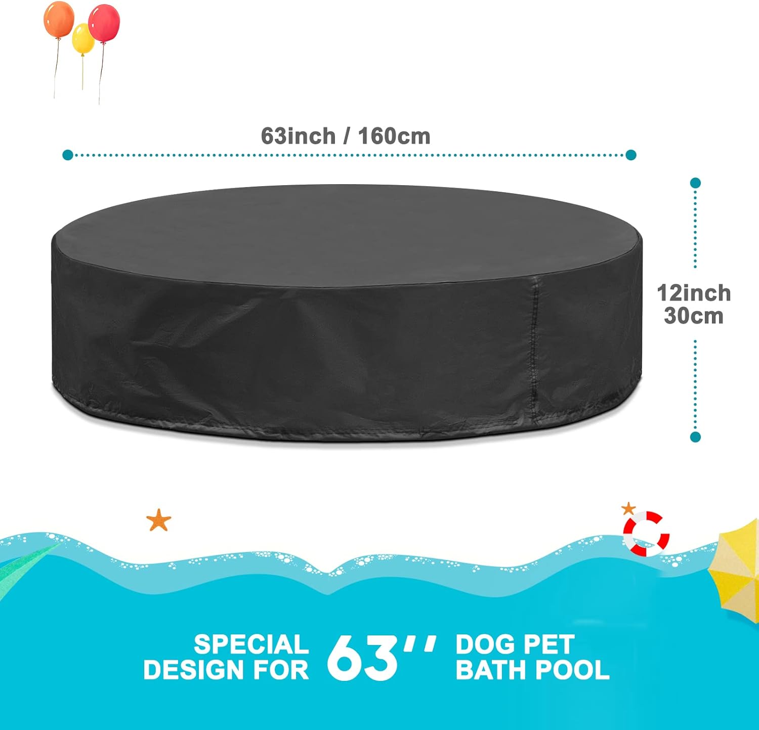 Tufmunb 63inch Foldable Dog Pet Bath Pool Cover, Portable Round Collapsible Pool Cover with Oxford Cloth Material and Drawstring Design for Dog Pet Pool, Waterproof and Dustproof (Black)