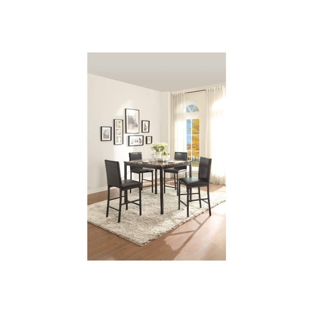 Benzara - Counter Height Table in Metal Frame with Faux Marble Top, Black