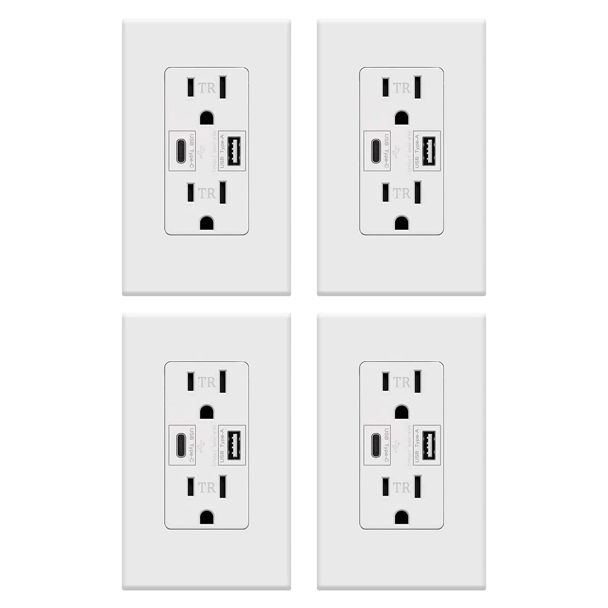 Micmi USB C Outlet PD 24W Power Delivery Receptacle 4.8A, Receptacle in-Wall Charger with 15 Amp, 125 Volt Tamper-Resistant, UL Listed White, Not for laptops (USB c PD 4pack)