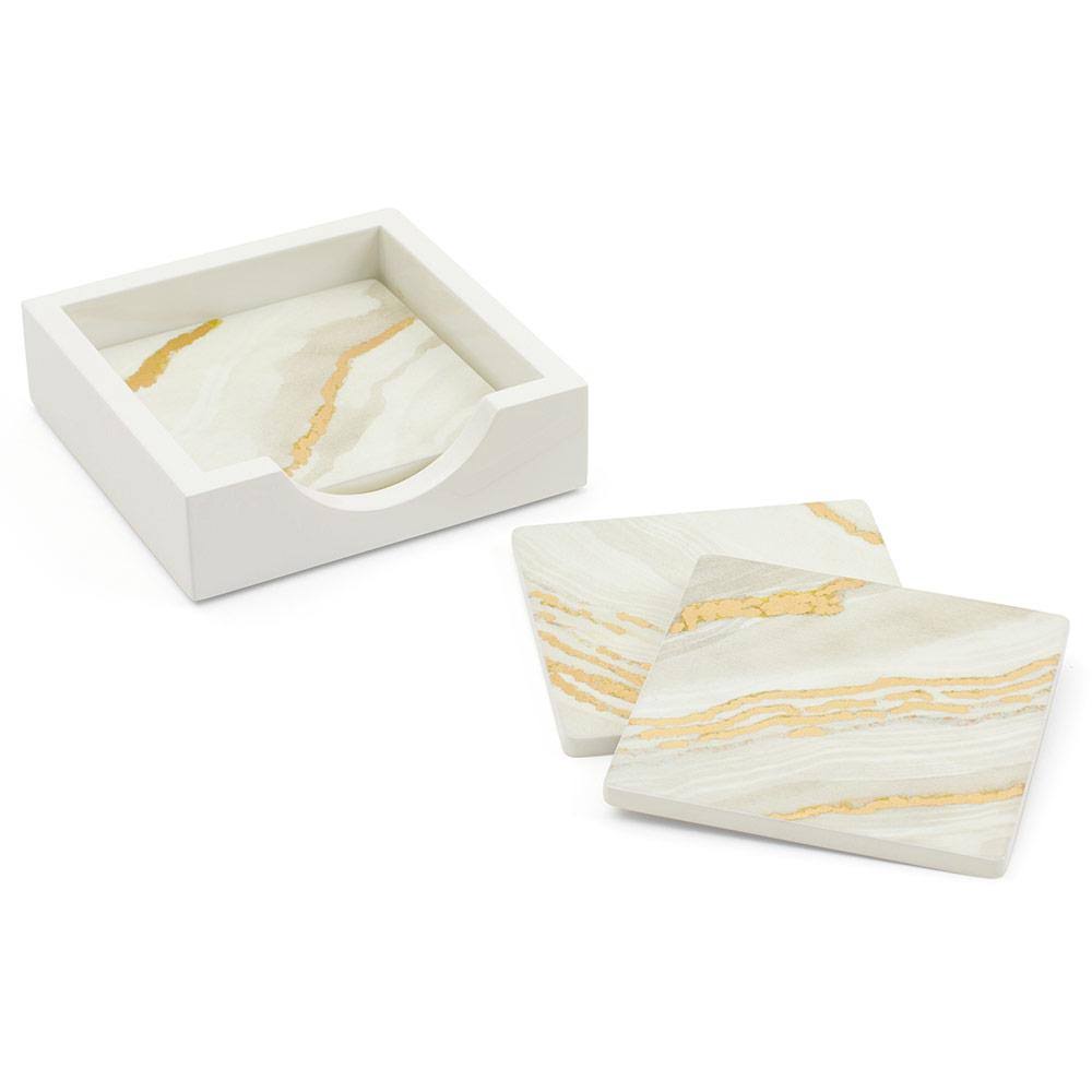 Marble Moonlight Square Lacquer Coasters in Holder - Set of 4