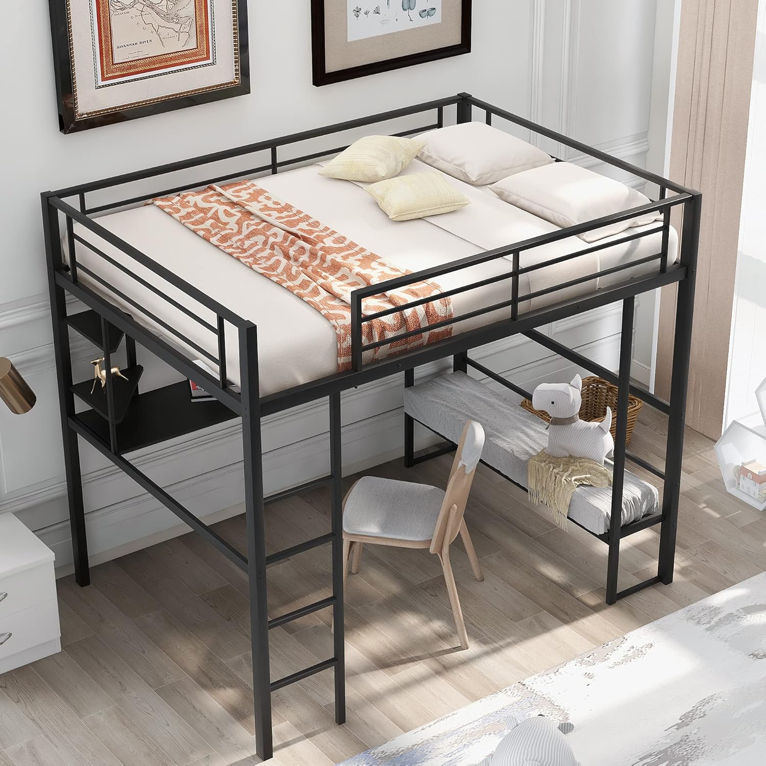 Full Size Metal Loft Bed, Full Bed Frame with Desk, Shelves, 2 Build-in Ladders and Safety Guardrails, Loft Bed Frame, Study Bed, Black