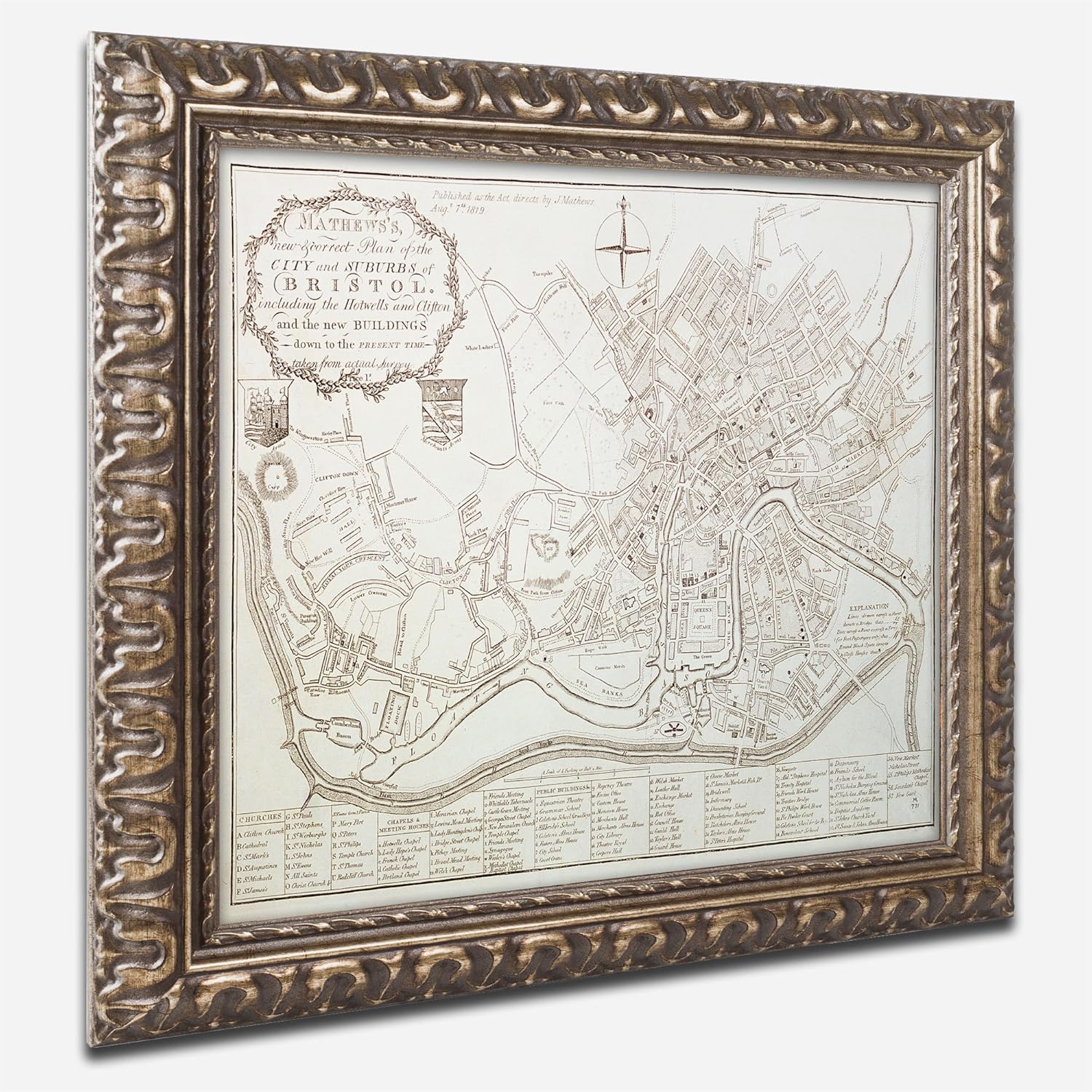 City and Suburbs of Bristol 1819 Artwork by Mathew, 11 by 14-Inch, Gold Ornate Frame Pack of 2