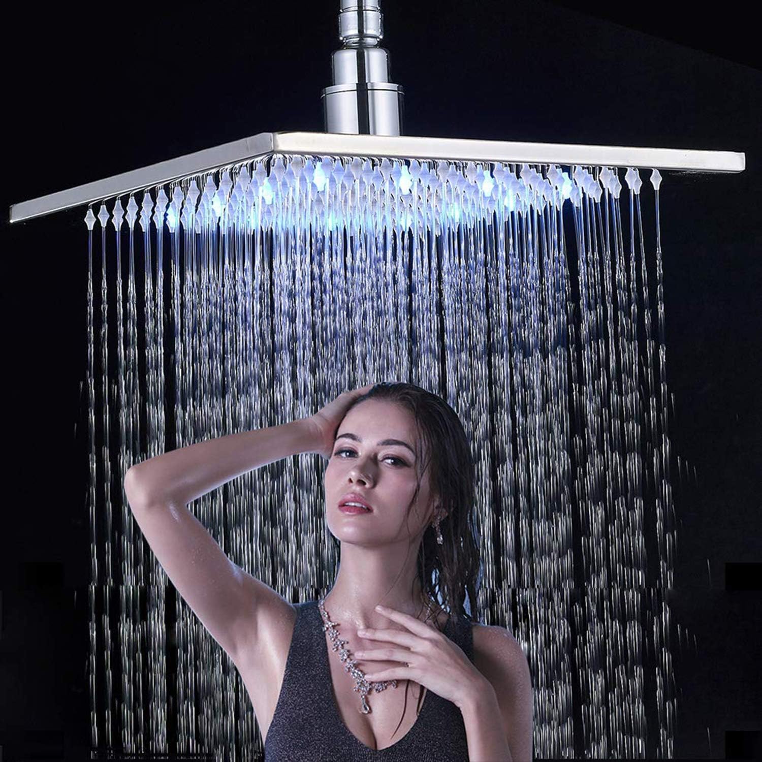 FUZ 16 Inch LED square rainfall shower head chrome high pressure waterfall solid brass silicon nozzles adjustable fixed shower head Pack of 2