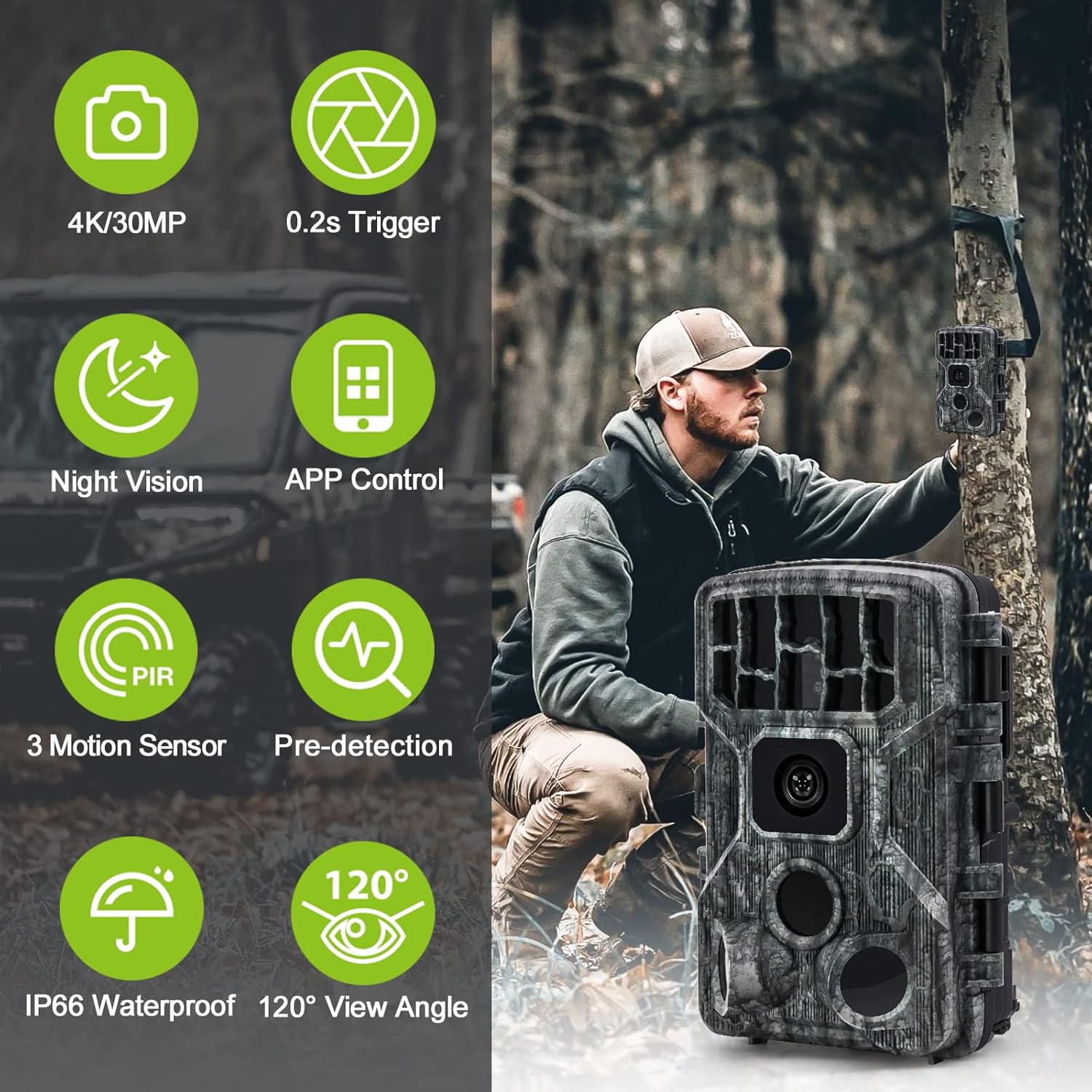 JOH WiFi Trail Camera, 4K 30MP Bluetooth Game Camera with 850nm No Glow Night Vision, 0.2s Trigger Motion Activated, IP66 Waterproof Hunting Camera, 120° Wide Angle Wildlife Deer Cam with 32GB Card