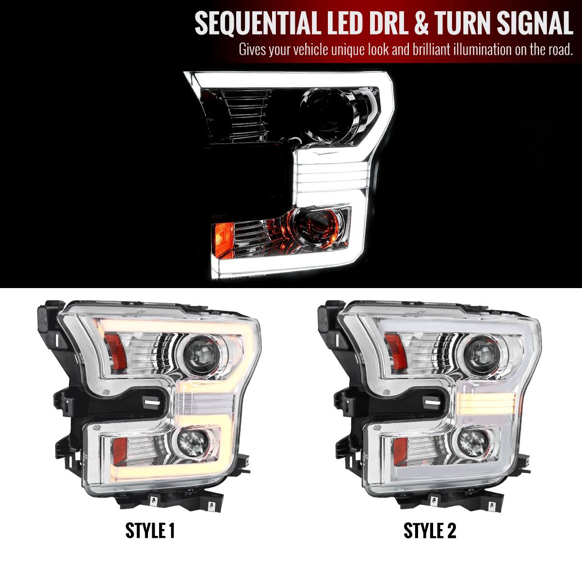 Spec-D 2015-2017 Ford F-150 Switchback Sequential LED Bar Projector Headlights - Chrome/Clear Lens