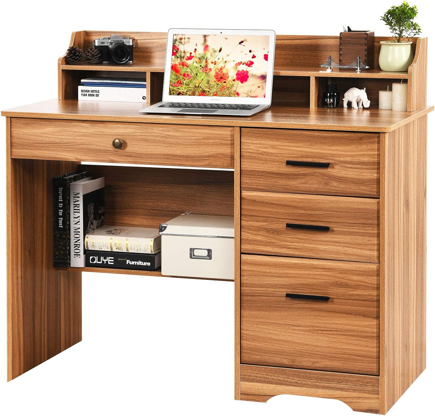Computer Desk with Drawers and Hutch, Farmhouse Home Office Desk Writing Table Wood Executive Desk Student Desk with File Drawer for Bedroom, Small Space, White