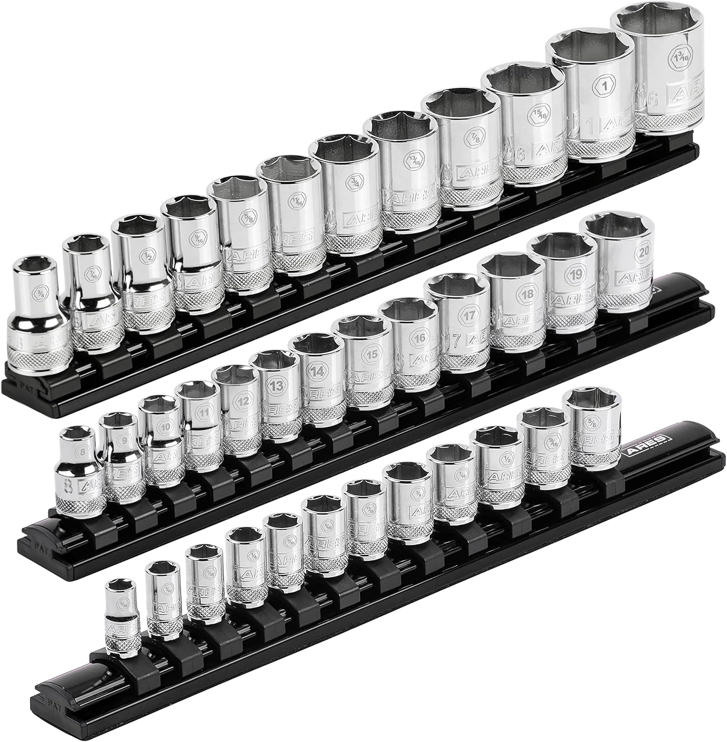 ARES 60053-3-Piece Black Magnetic Socket Organizer Set - Aluminum Rails Store up to 12 Sockets Each and Keep Your Tool Box Organized