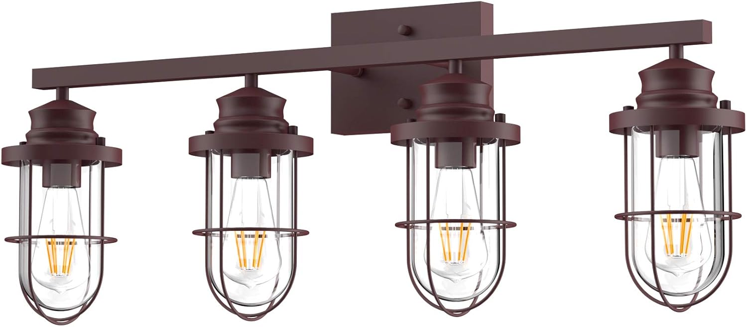 Tipace 4 Lights Industrial Bathroom Vanity Light Brown Metal with Clear Glass Vintage Vanity Lighting(Exclude Bulb)