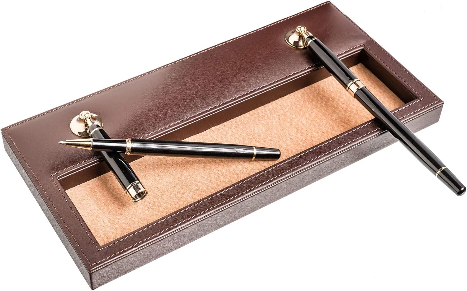 Dacasso Chocolate Brown Leather Double Gold Accents Pen Stand