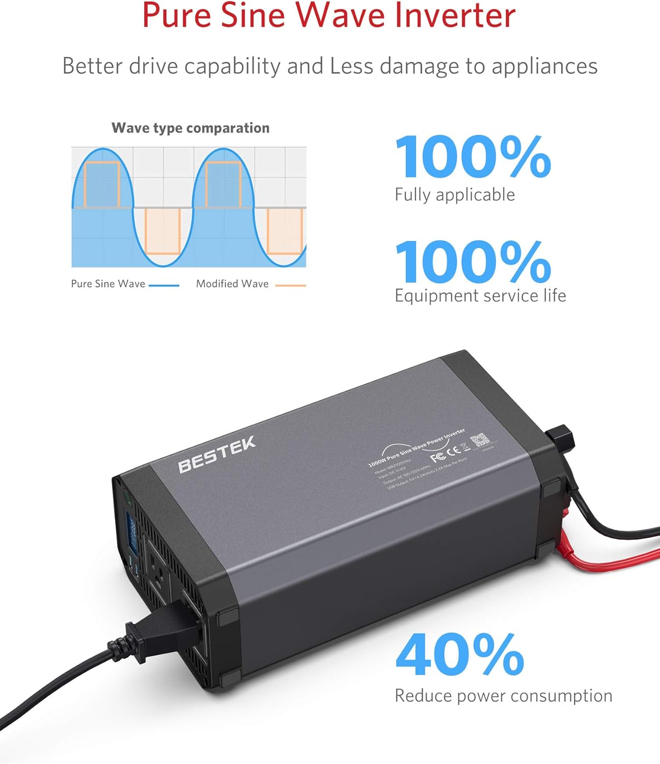 BESTEK 1000W Pure Sine Wave Power Inverter DC 12V to 110V AC Car Inverter with Digital LCD Display 4.2A Dual USB Charging Ports