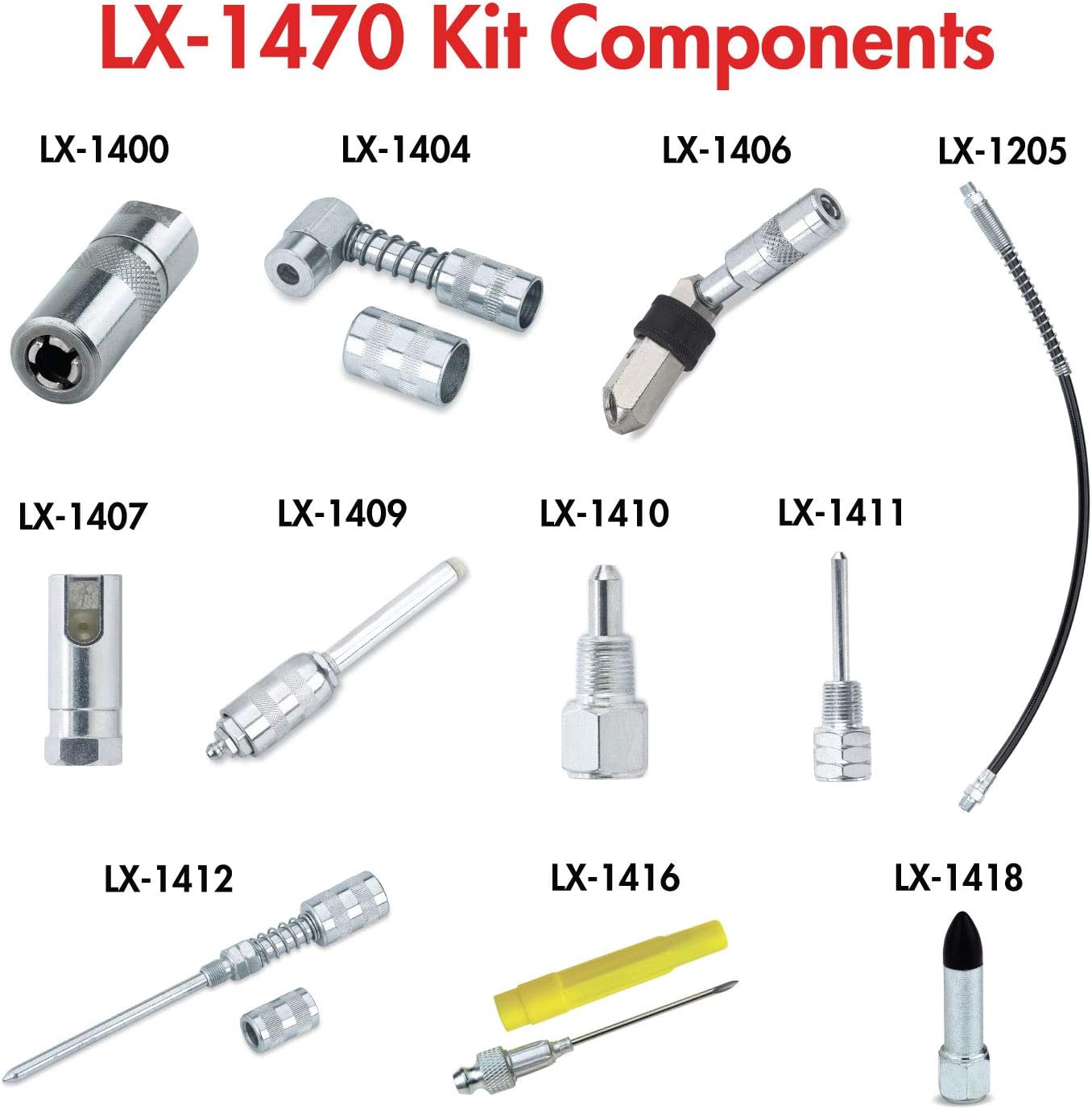 Lumax LX-1470 Silver Lubrication Accessory Kit, 11-Piece. Kit Contains 11 of Lumax&rsquo;s Most Popular lube Accessories. Organize and Store in Convenient Storage case.