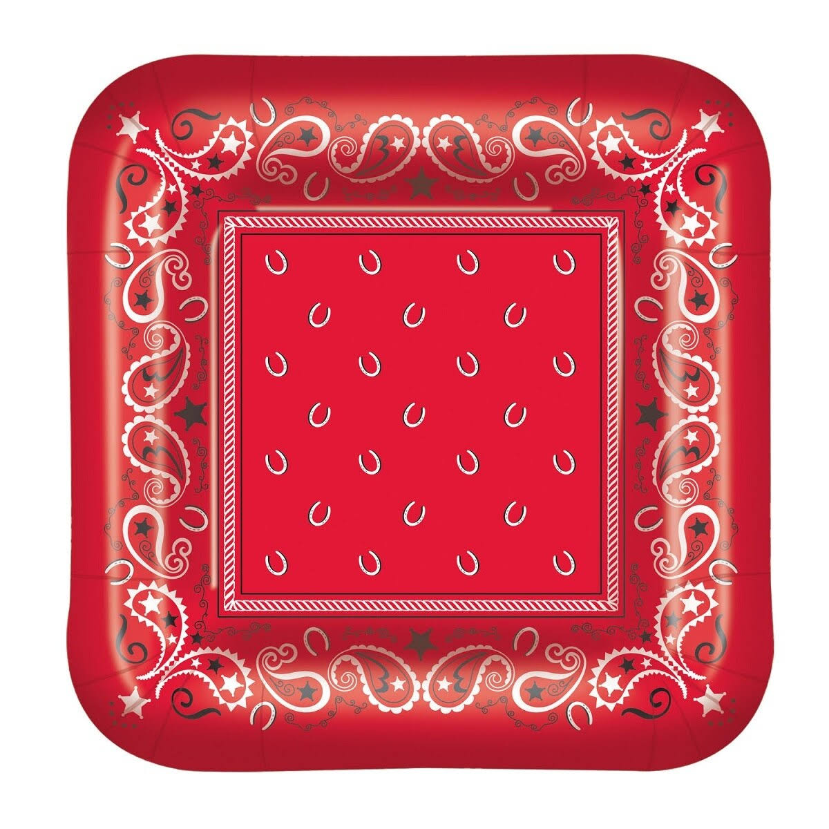 Pack of 96 Disposable Red Paisley-Designed Bandana Square Dinner Plates 9x22