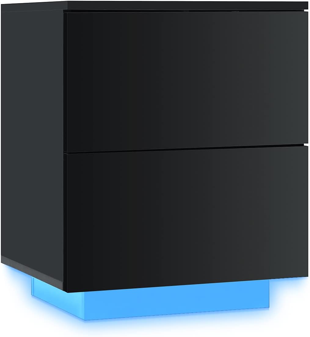 HALLOLURE Nightstand, Modern LED High Gloss Bedside Table High-end Fashion Side Table 2 Drawer Shelf End Table Stand Storage Cabinet Bedroom Living Room (Black)