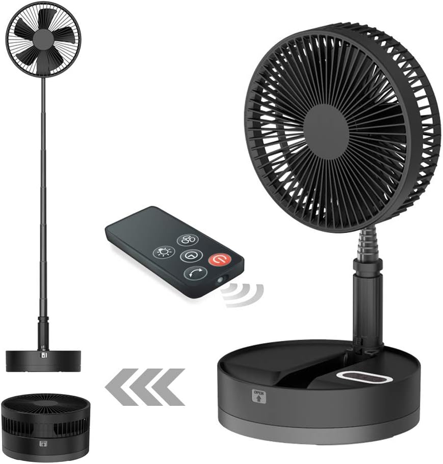 Desk and table fan, Battery Powered Fan,Foldable and Adjustable Height Air Circulator flool Fan for Outdoor, Courtyard, Beach,Travel, Room,4 Speeds, with Timer night light Remote Build in 10800mAh (Black)