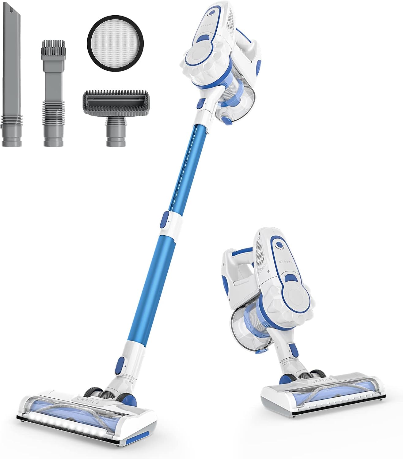 ORFELD Cordless Vacuum Cleaner, 6-in-1 Rechargeable Cordless Vacuum, 30 Mins Runtime Stick Vacuum, with 1.4L Dust Bin and 11 LED Headlights, for Home Hardwood Floor Carpet Pet Hair